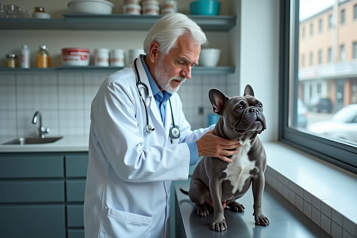 Vétérinaire examine un bulldog bleu en clinique