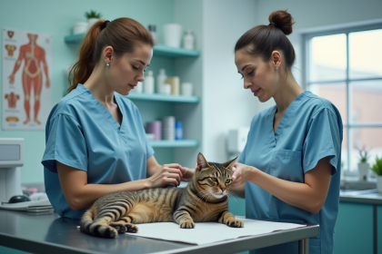 Vétérinaire examinant un chat tabby sur la table