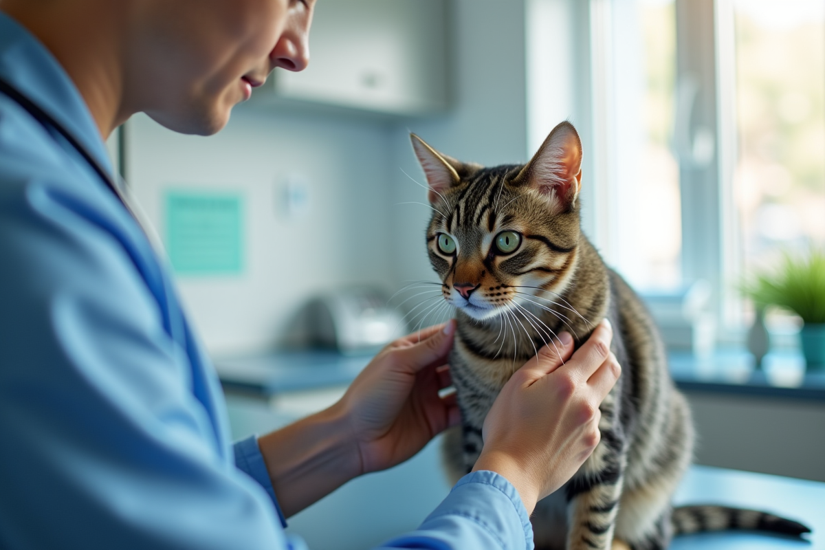 Vétérinaire examinant un chat tigré sur une table en clinique moderne