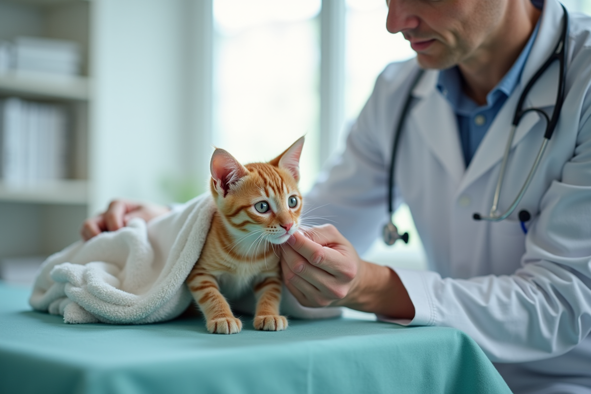 Vétérinaire examinant un chaton ginger sur la table