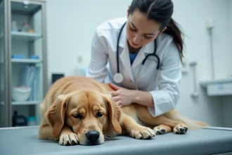 Vétérinaire examinant un golden retriever allongé sur une table de consultation pour des vomissements bilieux