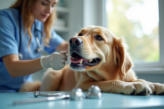 Vétérinaire examinant la bouche d'un chien âgé sur une table propre