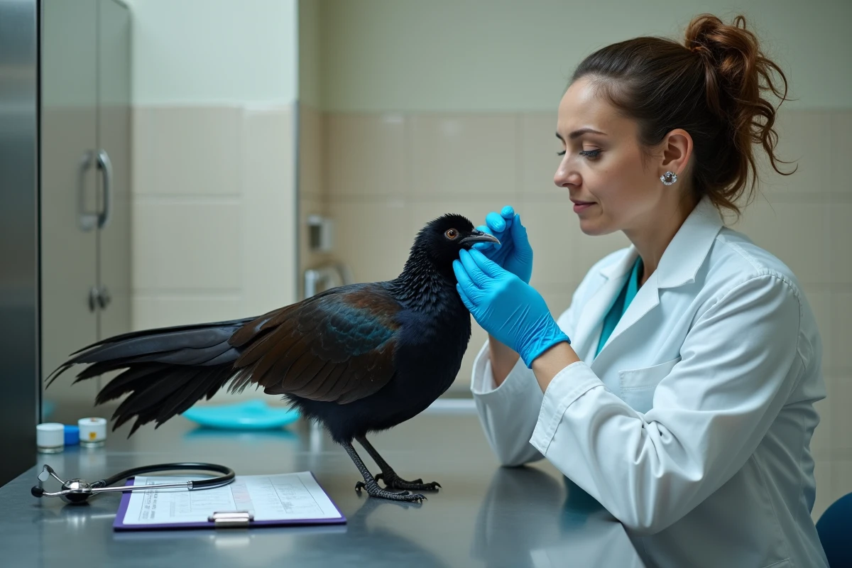 Vétérinaire examinant un faisan obscur sur une table d'examen clinique, soins de santé et prévention des maladies aviaires