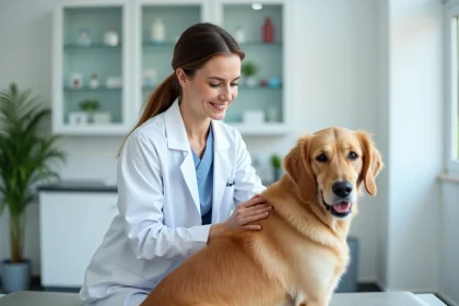 Vétérinaire femme en début de carrière examinant un golden retriever dans une clinique moderne, illustrant l'évolution du salaire vétérinaire