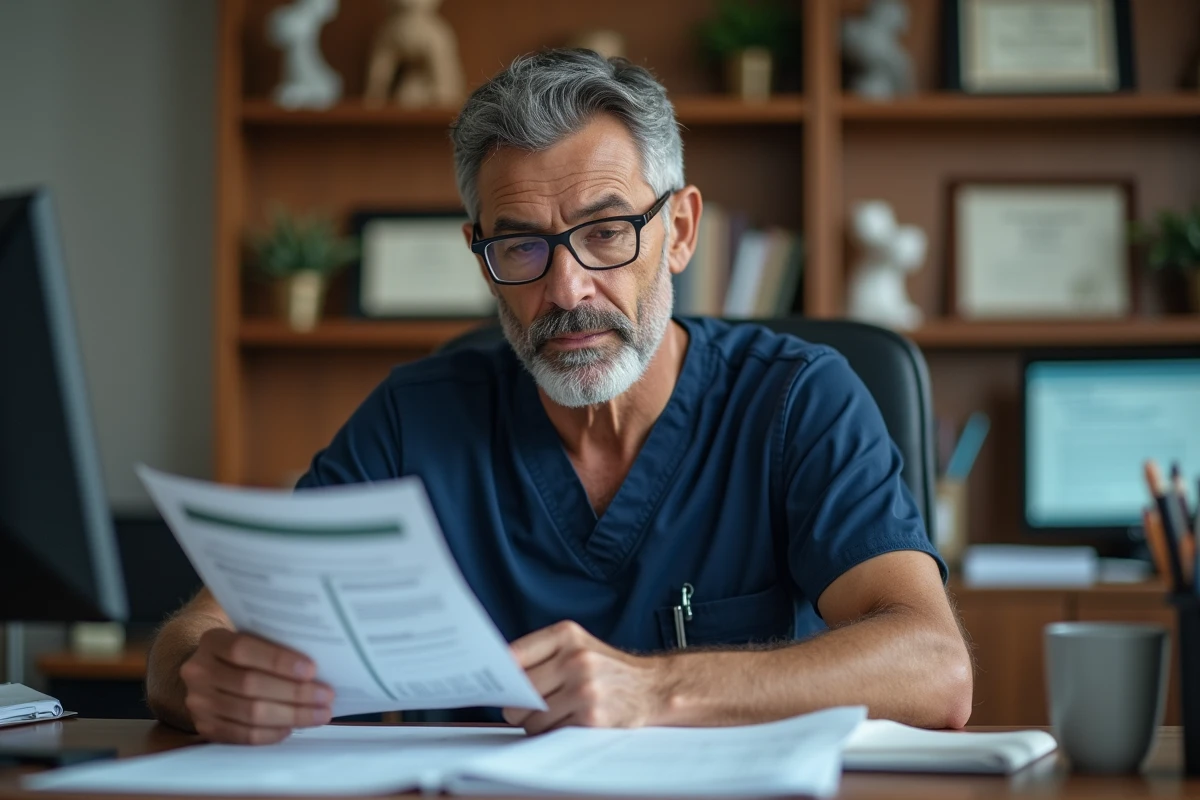 Vétérinaire homme expérimenté d'une quarantaine d'années consultant des dossiers dans son bureau, symbolisant une carrière avancée et une rémunération évoluée