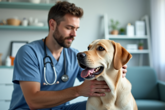 Vétérinaire examinant un labrador dans une clinique