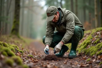 Vétérinaire examinant des déjections de sanglier en forêt