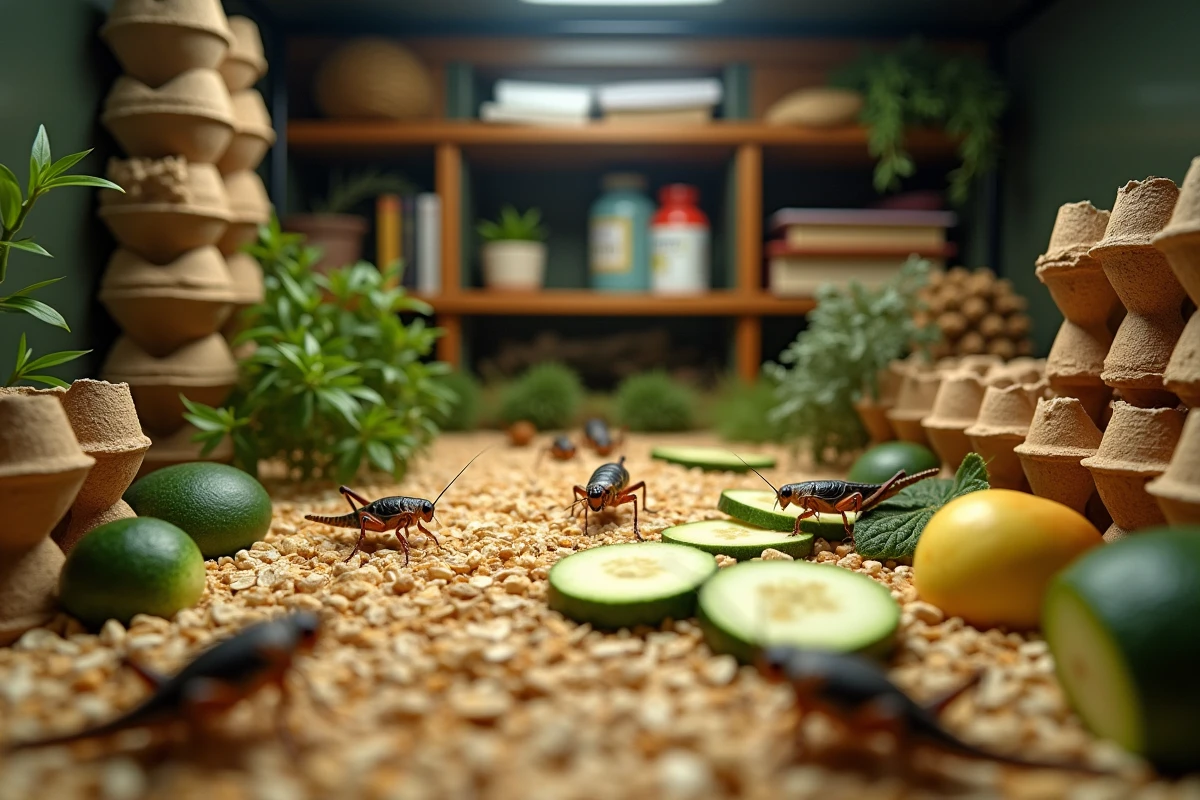 Vue large d'un vivarium à grillons avec une alimentation variée comprenant légumes, flocons d'avoine et granulés pour assurer leur longévité