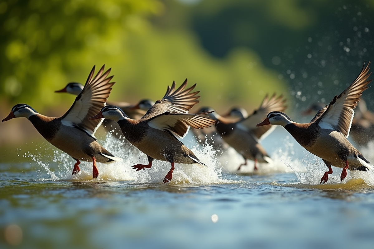 Troupeau de canards en vol au bord de la rivière en plein jour