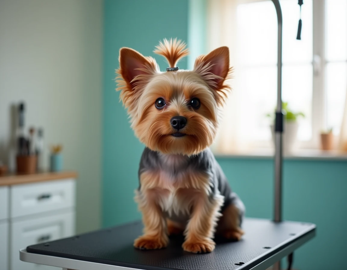 Chiot Yorkshire Terrier au pelage soyeux soigneusement toiletté à l'élevage Beaux Chiens Belles Gueules à Noisy-le-Grand
