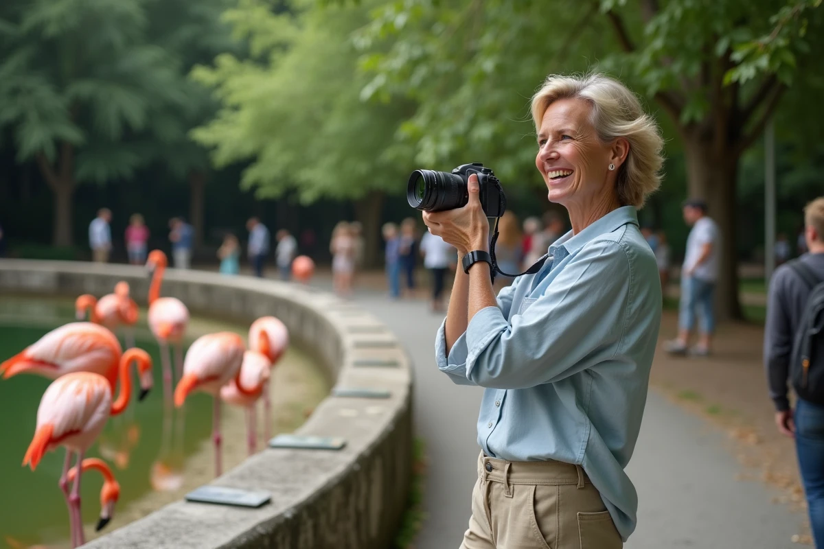 Femme photographiant des flamants roses au zoo d'Annecy dans le parc d'Albigny